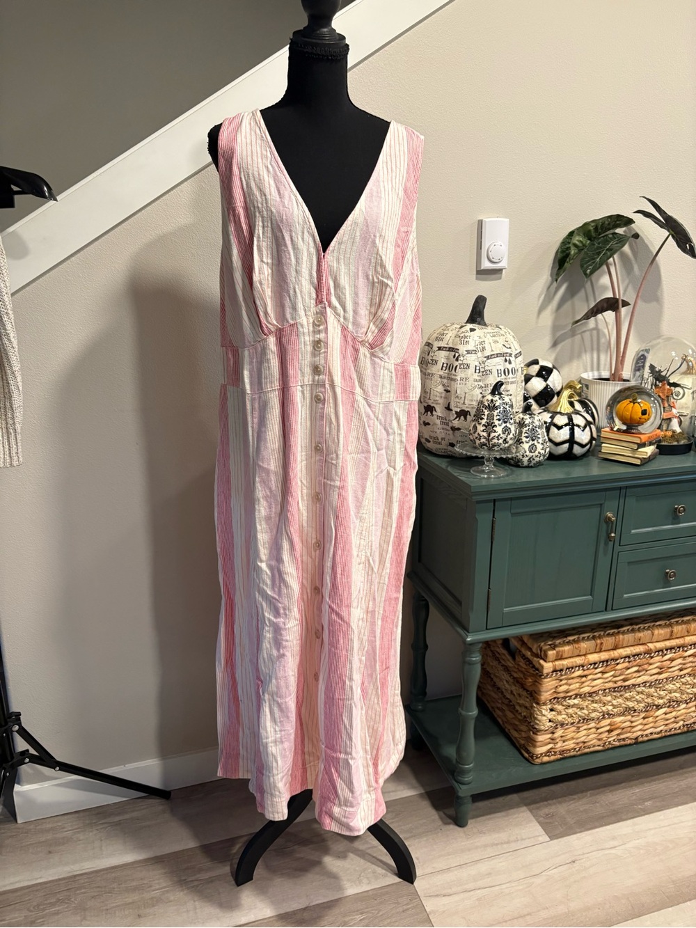 Universal Thread Pink & White Striped Button-Front Maxi Dress